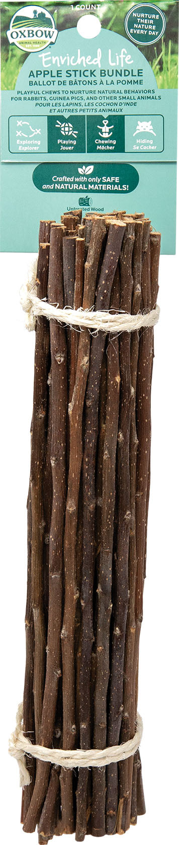Packaged Oxbow Enriched Life Apple Stick Bundle with natural wood sticks tied in bundles.