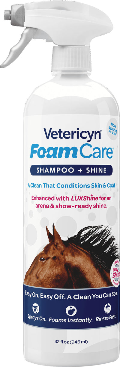Front view of a white packaged product labeled Vetericyn Foam Care Shampoo + Shine, 32 fl oz.