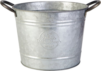 Front view of a galvanized steel washtub planter with 'Rustic Farmhouse' embossed logo and two black handles.