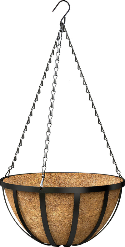 Black hanging basket with coconut liner and metal chains, front view, product detail image