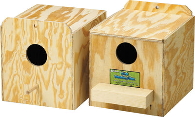 Two wooden bird nesting boxes with circular entry holes, one labeled 'Sierra Bird Nesting Box', front view.