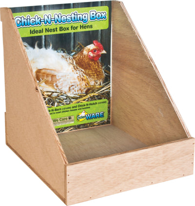 Packaged Chicken Ware Chick-N-Nesting Box wooden nesting box with green label showing a hen in straw.