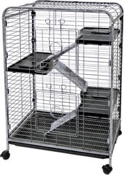 LRS Indoor Hutch Four Level, blue, 26.5x17.25x36.5, front view of metal cage with shelves and ramps.