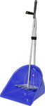 Blue plastic manure scoop with metal handle and rake attachment, front view.