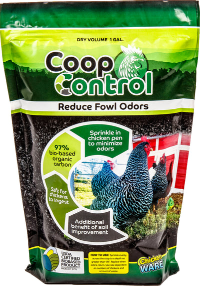 Front view of a packaged Coop Control product with green and black packaging, showing chickens and usage instructions.