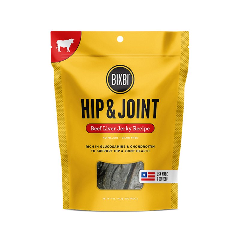 BIXBI Hip & Joint Support Beef Liver Jerky Dog Treats, 5 oz - USA Made Grain Free Dog Treats - Glucosamine, Chondroitin for Dogs - High in Protein, Antioxidant Rich, Whole Food Nutrition, No Fillers