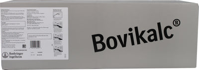 Front view of a gray packaged product labeled Bovikalc with a white label showing text and a barcode.