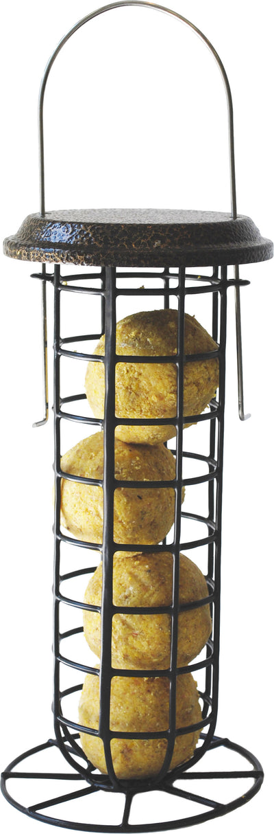Wildlife Sciences Mesh Suet Ball Feeder with four yellow suet balls in a black wire cage, front view.