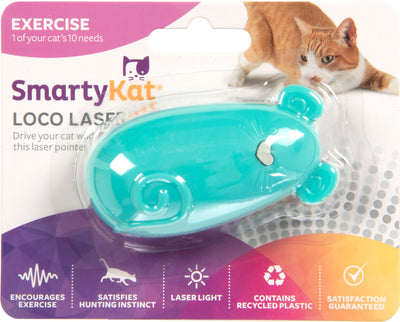 Packaged SmartyKat Loco Laser Light cat toy in turquoise, showing the product in its clear plastic blister pack.