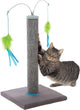 A gray Smartykat Scratch 'N Spin scratching post with blue and green feather toys, a tabby cat interacting with it.