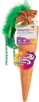 Packaged SmartyKat Kolossal Karrot plush cat toy with green feather and ribbon, front view.