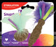 Packaged Smartykat Frisky Fun compressed catnip toy with two feathered wands in green, purple, and teal colors.
