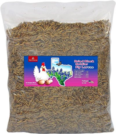 A clear packaged product image of Zenithworks Dried Black Soldier Fly Larvae in a 20 LB bag.