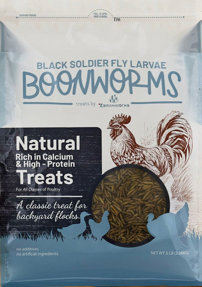 Front view of a packaged product labeled Zenithworks Black Soldier Fly Larvae Boonworms treats, 5 LB size.