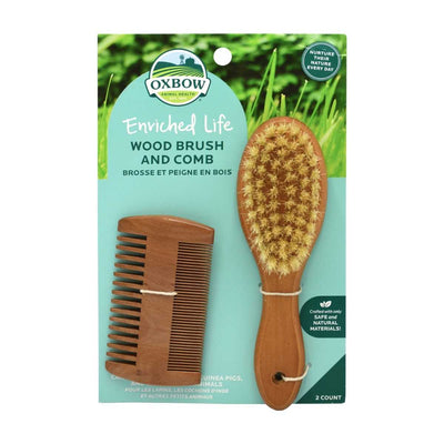Packaged Oxbow Enriched Life Wood Brush and Comb set with wooden comb and brush on a turquoise card.