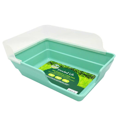 Oxbow Enriched Life Rectangle Litter Pan with Removable Shield, light green plastic container with clear shield, front view