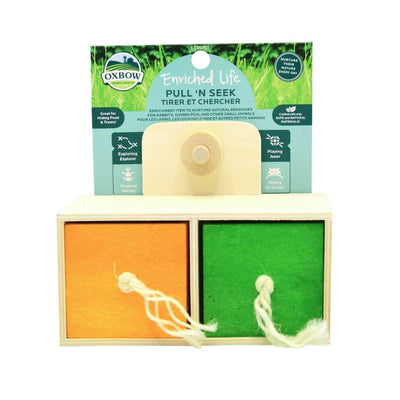 Packaged Oxbow Engagement Pull 'n Seek toy with wooden box, orange and green panels, and twine handles.