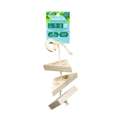 Oxbow Enriched Life Triangle Tilt 'n Treat packaged product with three wooden triangular pieces and a ring attached by twine.