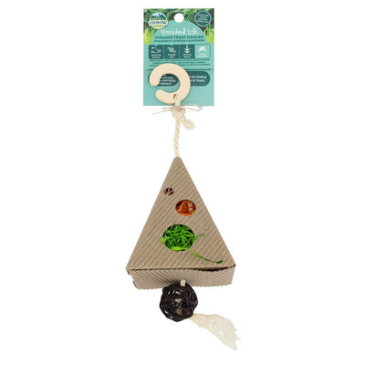 Oxbow Enriched Life Pyramid Treat Hanger packaged product with cardboard pyramid, hanging loop, and attached wicker ball.