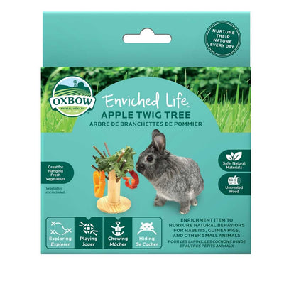 Packaged Oxbow Enriched Life Apple Twig Tree for small animals, showing a rabbit and product with vegetables.