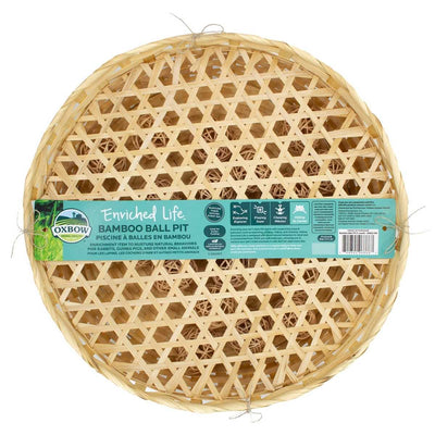 Packaged Oxbow Enriched Life Bamboo Ball Pit with a woven circular basket containing small bamboo balls.