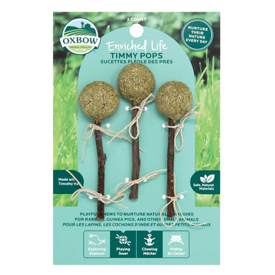 Packaged Oxbow Enriched Life Timmy Pops, three grassy treats on sticks with twine ties, front view.