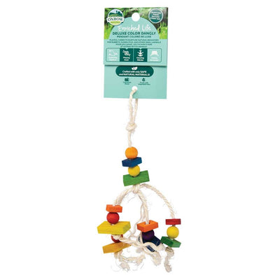 Oxbow Enriched Life Deluxe Color Dangly toy with multicolored wooden blocks and rope, packaged product