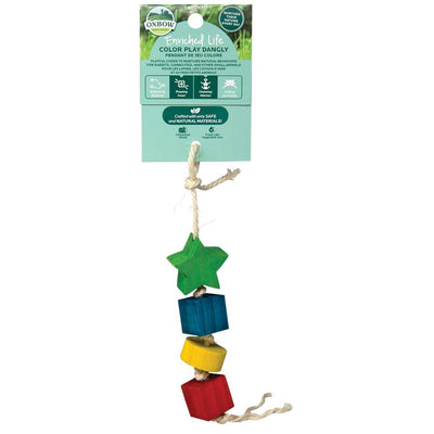 Oxbow Enriched Life Color Play Dangly toy with green star, blue cube, yellow cylinder, and red cube on twine