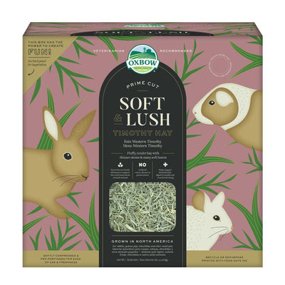Packaged Oxbow Prime Cut Soft Lush Timothy Hay, 80 oz, front view with pink background and animal illustrations.