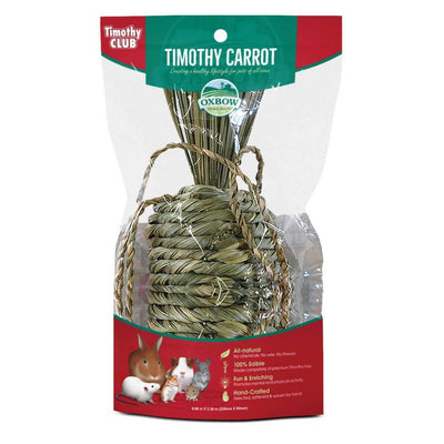 Packaged Oxbow Timothy Carrot product with a woven basket design and animal illustrations on the label.