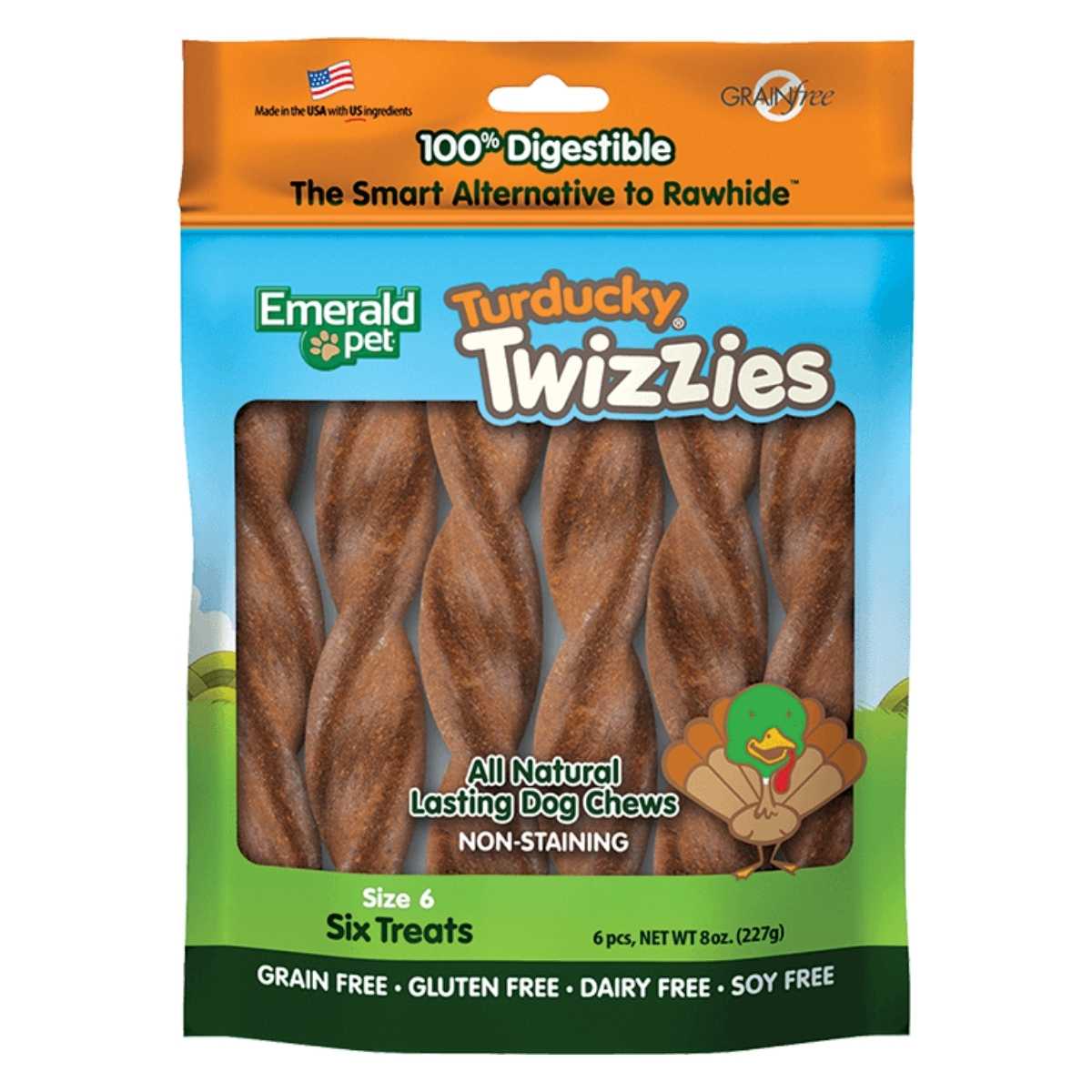 Packaged product: Emerald Pet Turducky Twizzies dog chews, six brown twisted treats in a blue and green bag.
