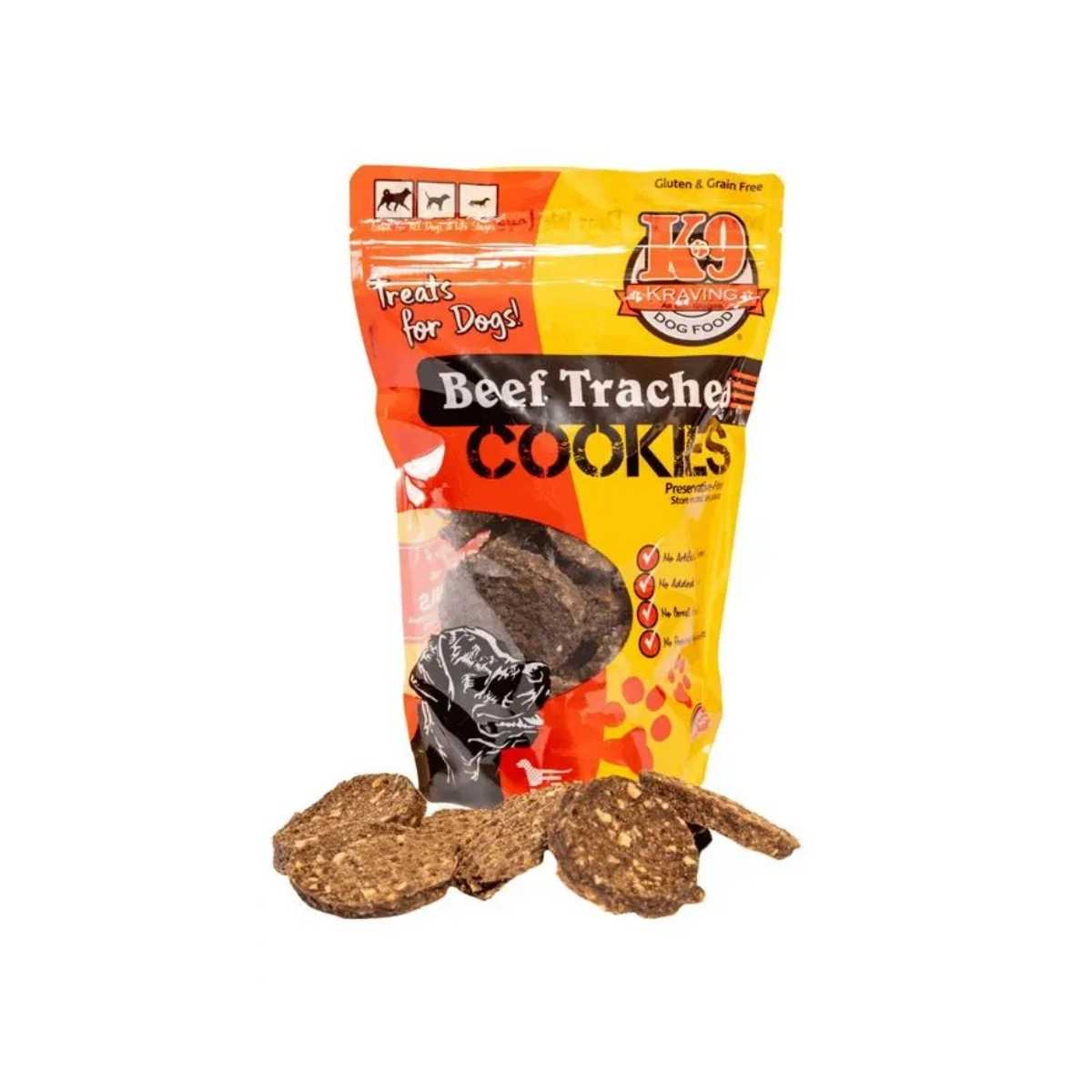 A yellow and red bag of K9 Kravings Beef Trachea Cookies with several cookies in front of it.