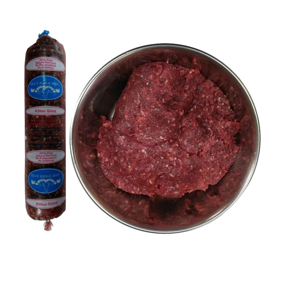 Packaged Blue Ridge Beef Kitten Grind in a metal bowl, showing raw meat texture and packaging label.