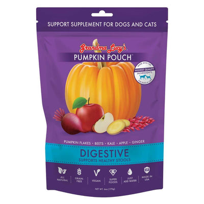 Front view of Grandma Lucy's Pumpkin Pouch for dogs and cats in a purple package with a large pumpkin illustration.