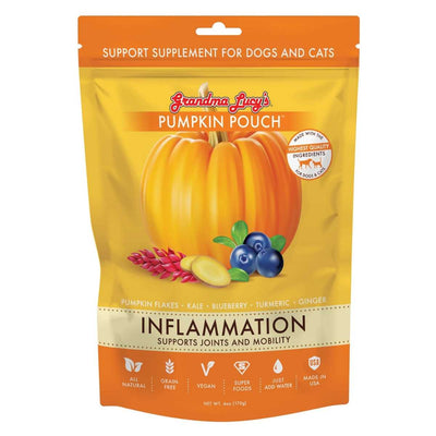 Front view of Grandma Lucy's Pumpkin Pouch support supplement for dogs and cats in an orange and yellow package.