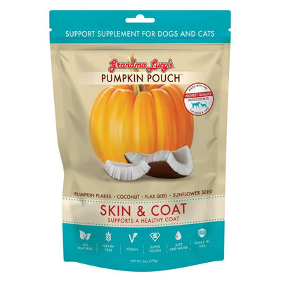 Front view of Grandma Lucy's Pumpkin Pouch packaged product in a blue and beige bag.
