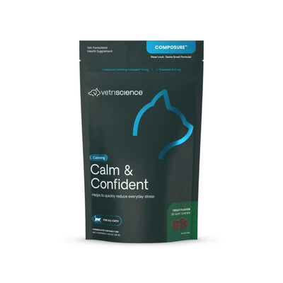 Front view of a dark green packaged product labeled 'Calm & Confident' with a blue cat silhouette and 'Trout Flavor 30 Soft Chews' on a green section.
