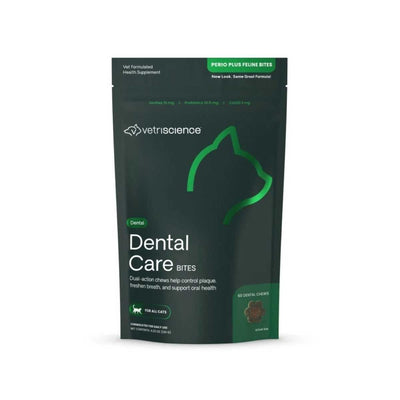 Front view of a dark green packaged product labeled 'vetscience Dental Care Bites' with a green cat silhouette.