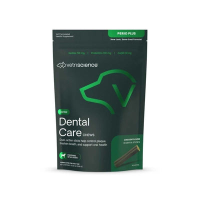 Packaged product: VetriScience Perio Plus Dental Care Chews, chicken flavor, 30 sticks, dark green package