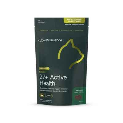 Packaged product: vetriscience NUCAT Senior Multivitamin 27+ Active Health Fish Flavor soft chews pouch, front view.