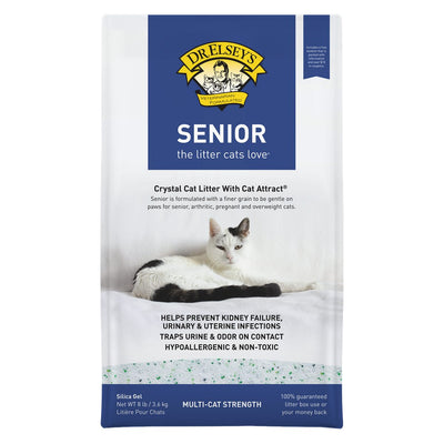Front view of Dr. Elsey's Senior Crystal Cat Litter package with a white and black cat on it