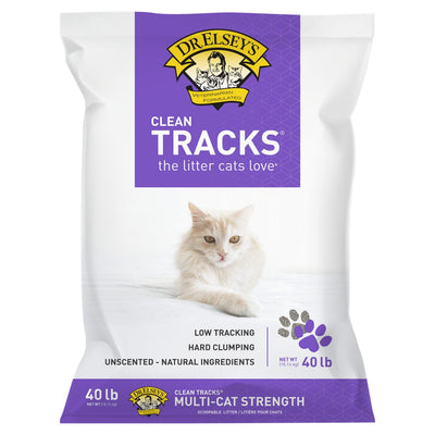 Front view of a purple and white packaged product labeled Dr. Elsey's Clean Tracks cat litter, 40 lb bag.