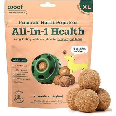 Packaged Woof Pupsicle Refill Pops for XL dogs, PB & Beef Flavor, showing green toy and brown treats.