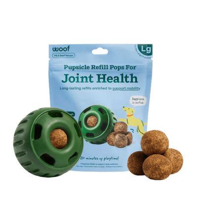 Packaged Woof Pupsicle Refill Pops for Joint Health, Large size, blue package with green toy and brown refill balls.