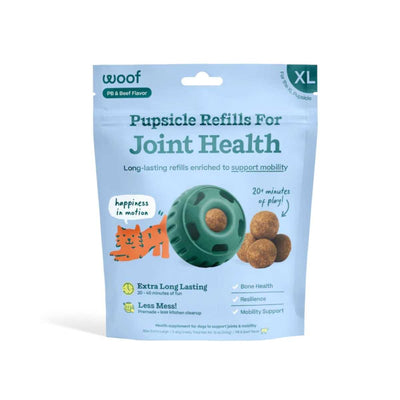 Packaged product: Woof PB & Beef Flavor Pupsicle Refills For Joint Health XL size, light blue package with green toy and brown treats.