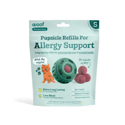 Packaged product: Woof PB & Beef Flavor Pupsicle Refills for Allergy Support, small size, light blue package with green and orange graphics.