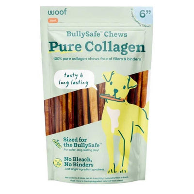 Packaged product: Woof BullySafe Pure Collagen beef chews, 6-inch size, front view showing yellow dog illustration and product details.
