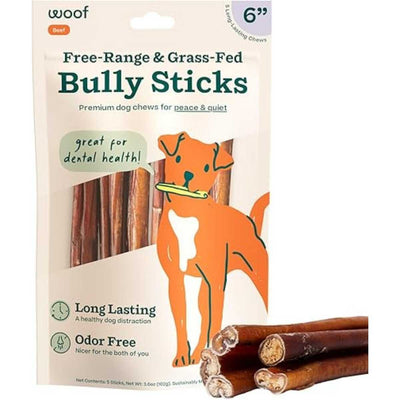 Packaged Woof Beef Bully Sticks, 6-inch size, showing front view with orange dog illustration and product details.