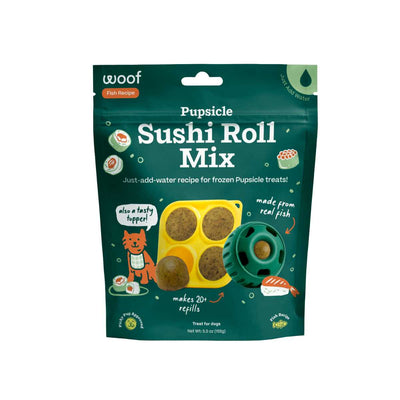 Front view of a dark green packaged product labeled 'Woof Pupsicle Sushi Roll Mix' with illustrations of sushi and a dog.