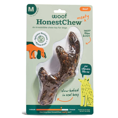 Packaged Woof HonestChew Meaty Antler Chew in medium size, beef flavor, front view.